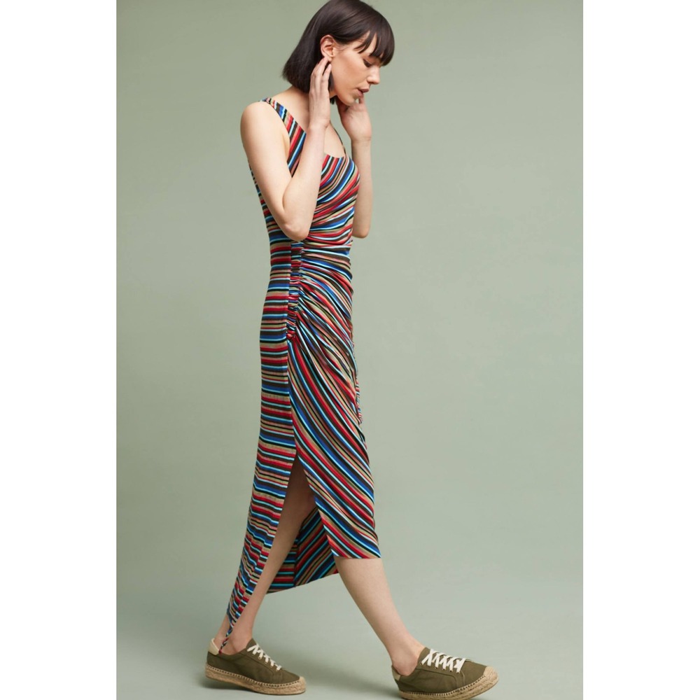 Bailey 44 Anthropologie Maxi Dress Luca XL Rayon Knit Ruched Striped Multi Color